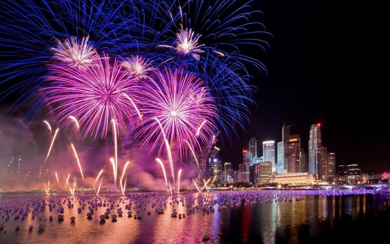 Fireworks over City — Purple, Festive, Night