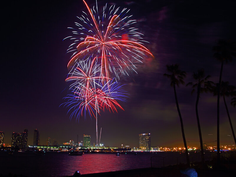 Fireworks over City — Red, Celebratory