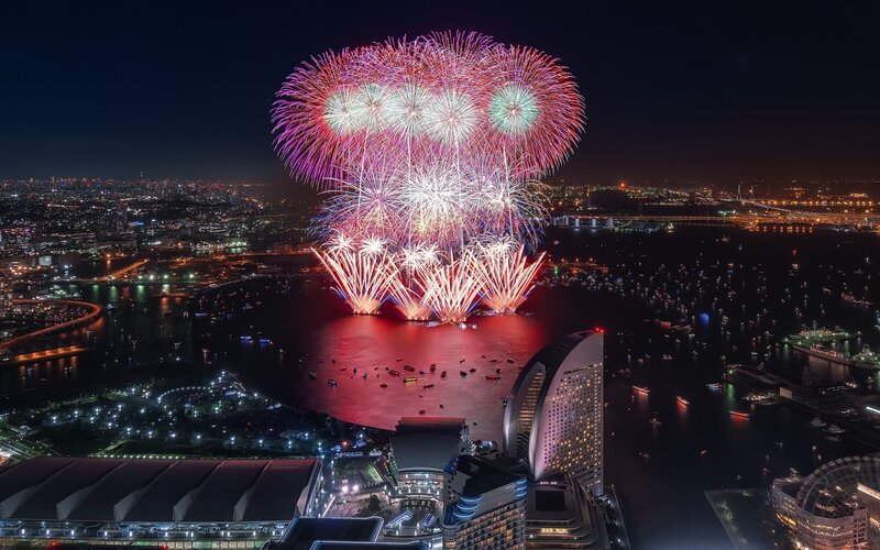 Fireworks over City — Red, Dramatic, Night