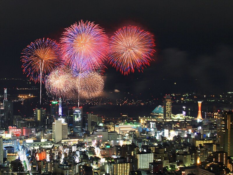 Fireworks over City — Red, Festive, Night, Photograph, Buildings