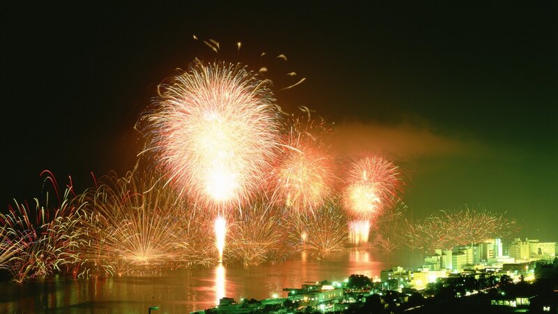 Fireworks over City — Red, Festive, Night, Photograph, River