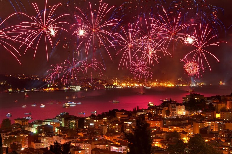 Fireworks over City — Red, Festive, Night, Photograph, Water, Boats, Black