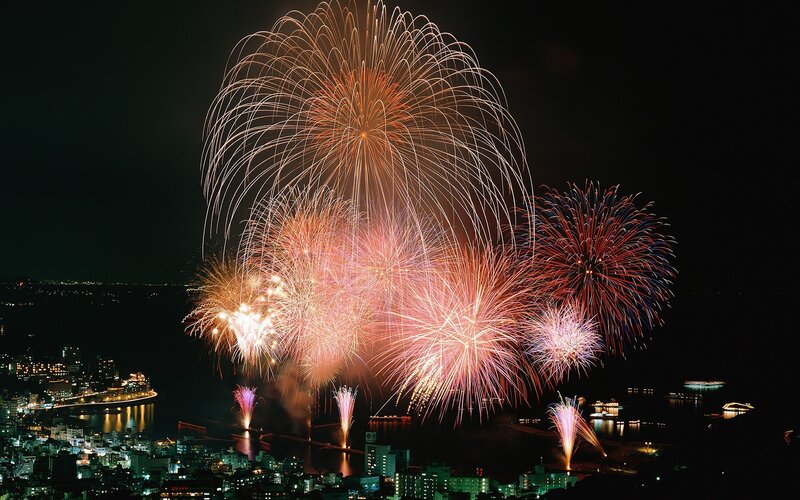 Fireworks over City — Red, Festive, Night, Photograph, Water, Sky, White