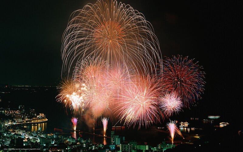 Fireworks over City — Red, Festive, Night, Photograph, Water
