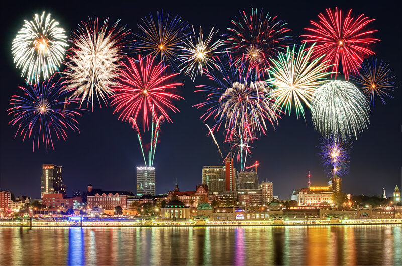 Fireworks over City — Red, Festive, Night