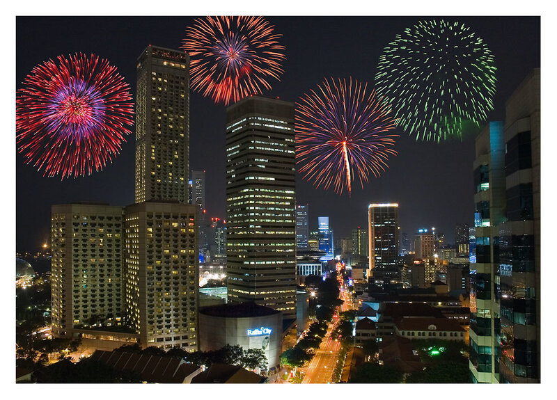 Fireworks over City — Red