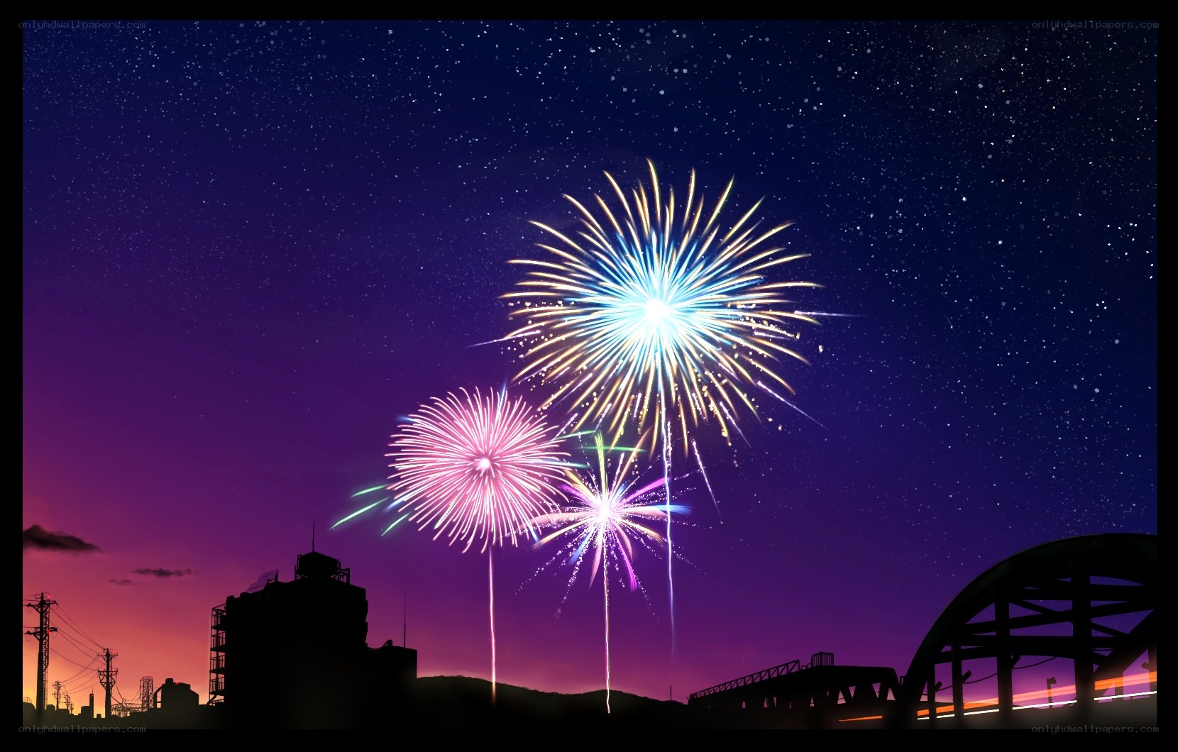 Fireworks over city skyline