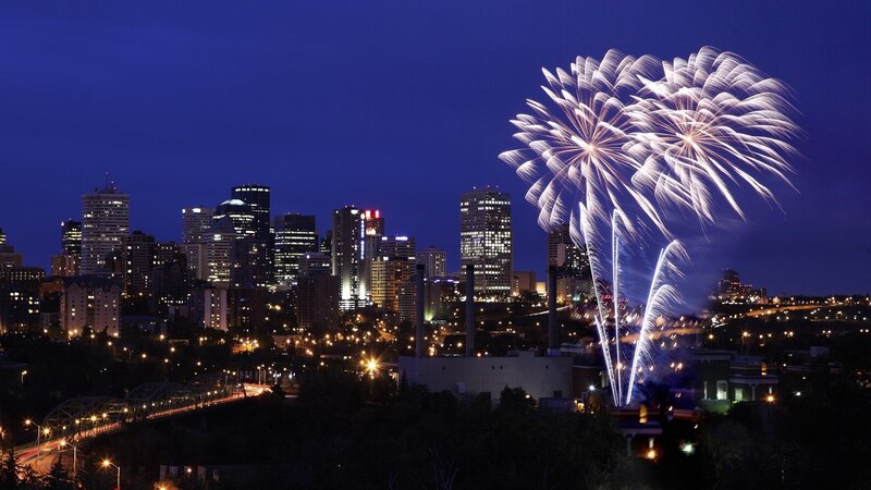 Fireworks over city skyline