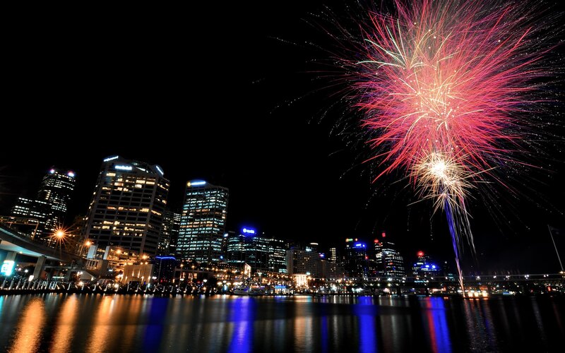 Fireworks over city skyline