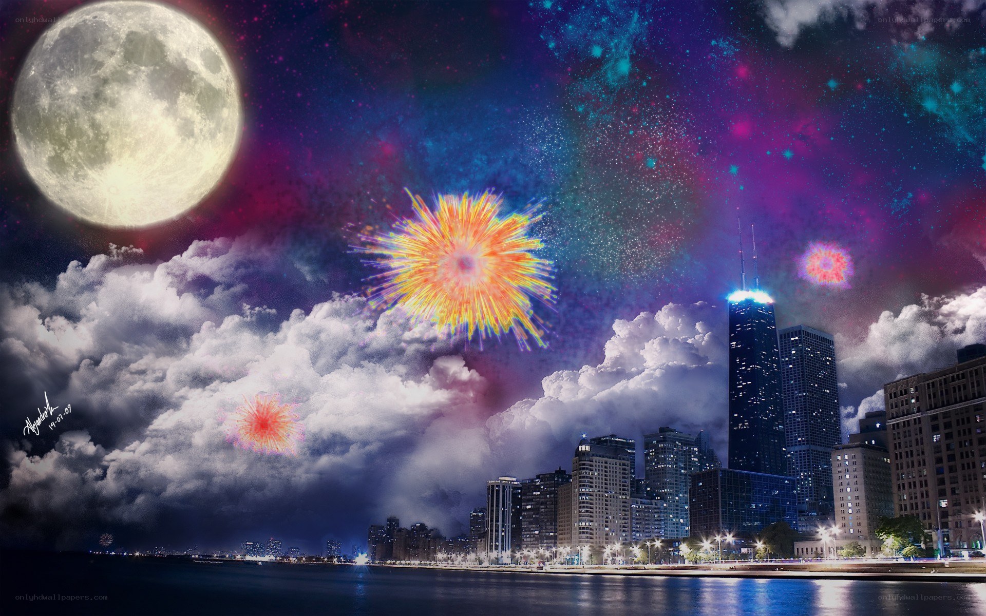 Fireworks over city skyline