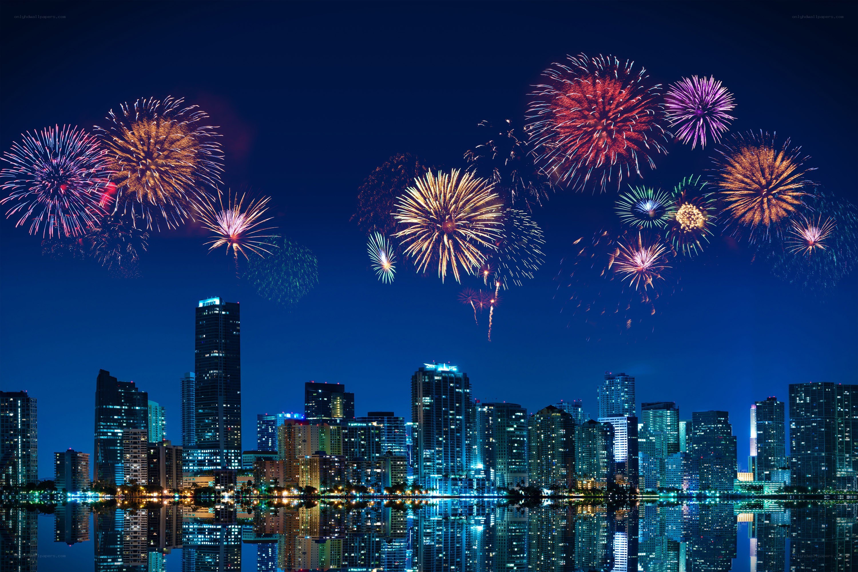 Fireworks over city skyline