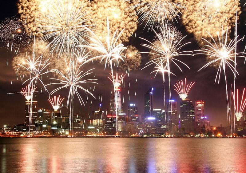 Fireworks over city skyline