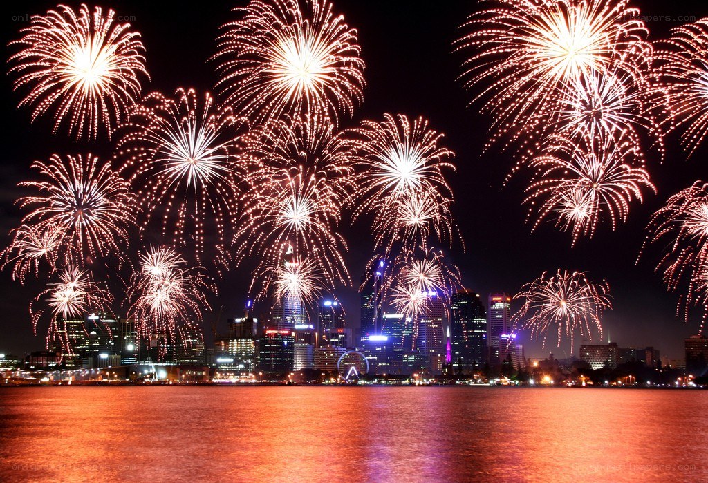 Fireworks over city skyline