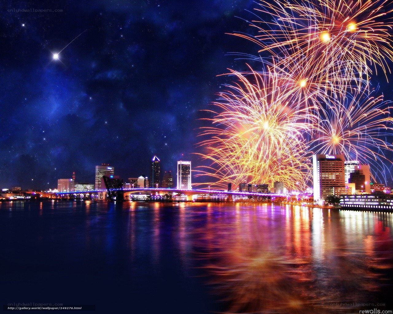 Fireworks over city skyline