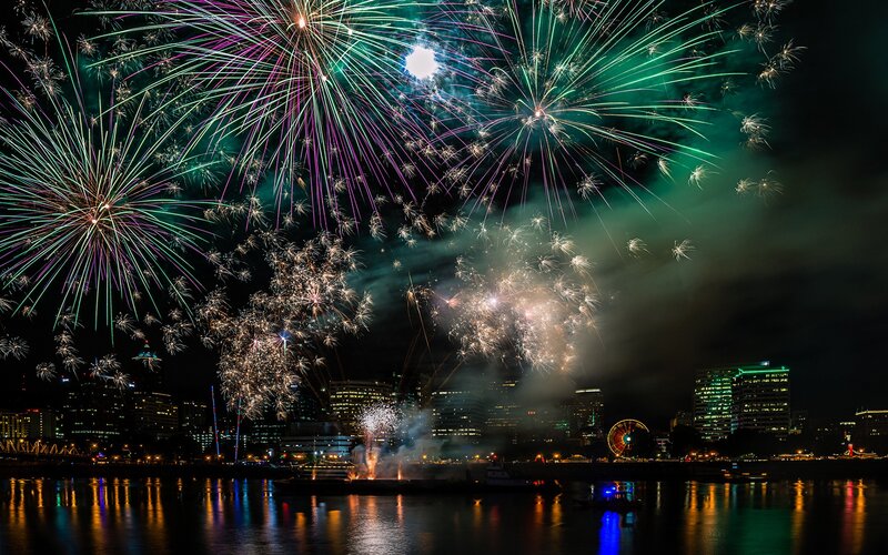 Fireworks over city skyline