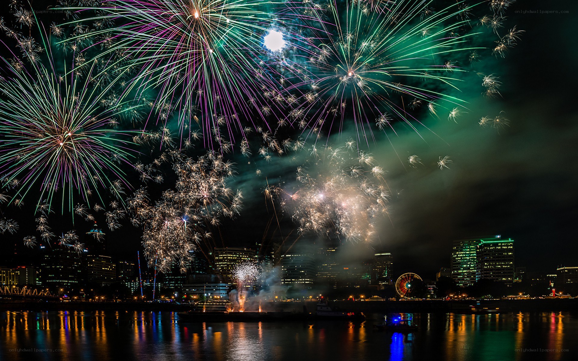 Fireworks over city skyline
