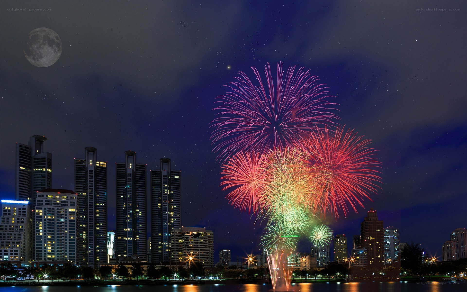 Fireworks over city skyline