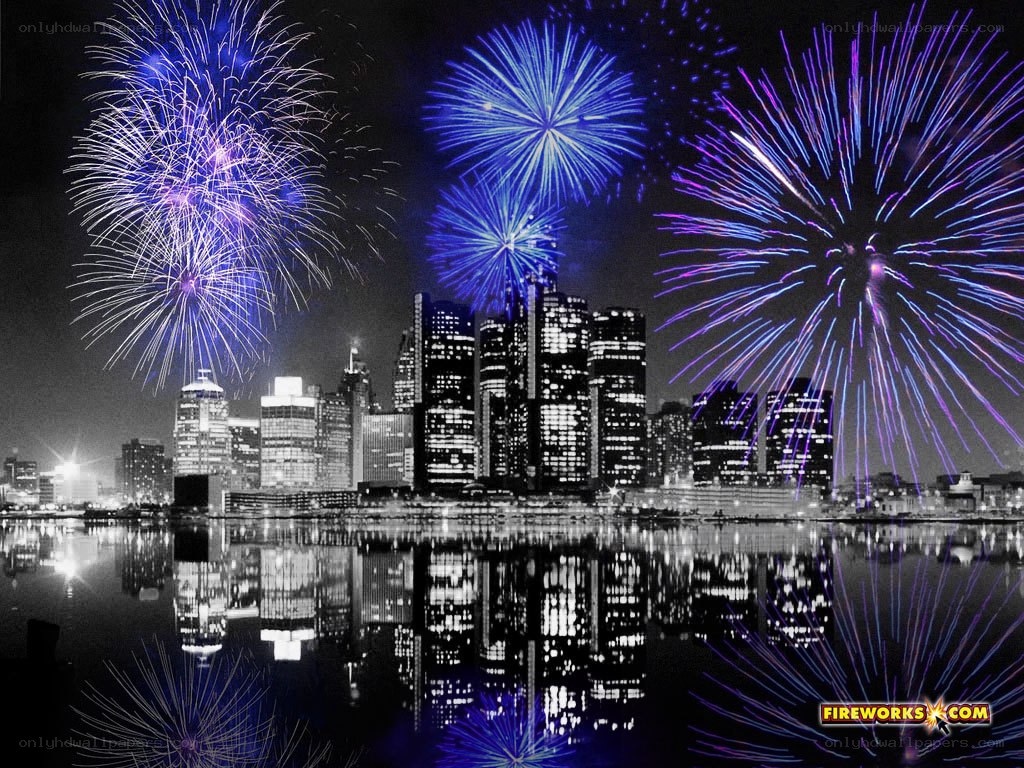 Fireworks over city skyline