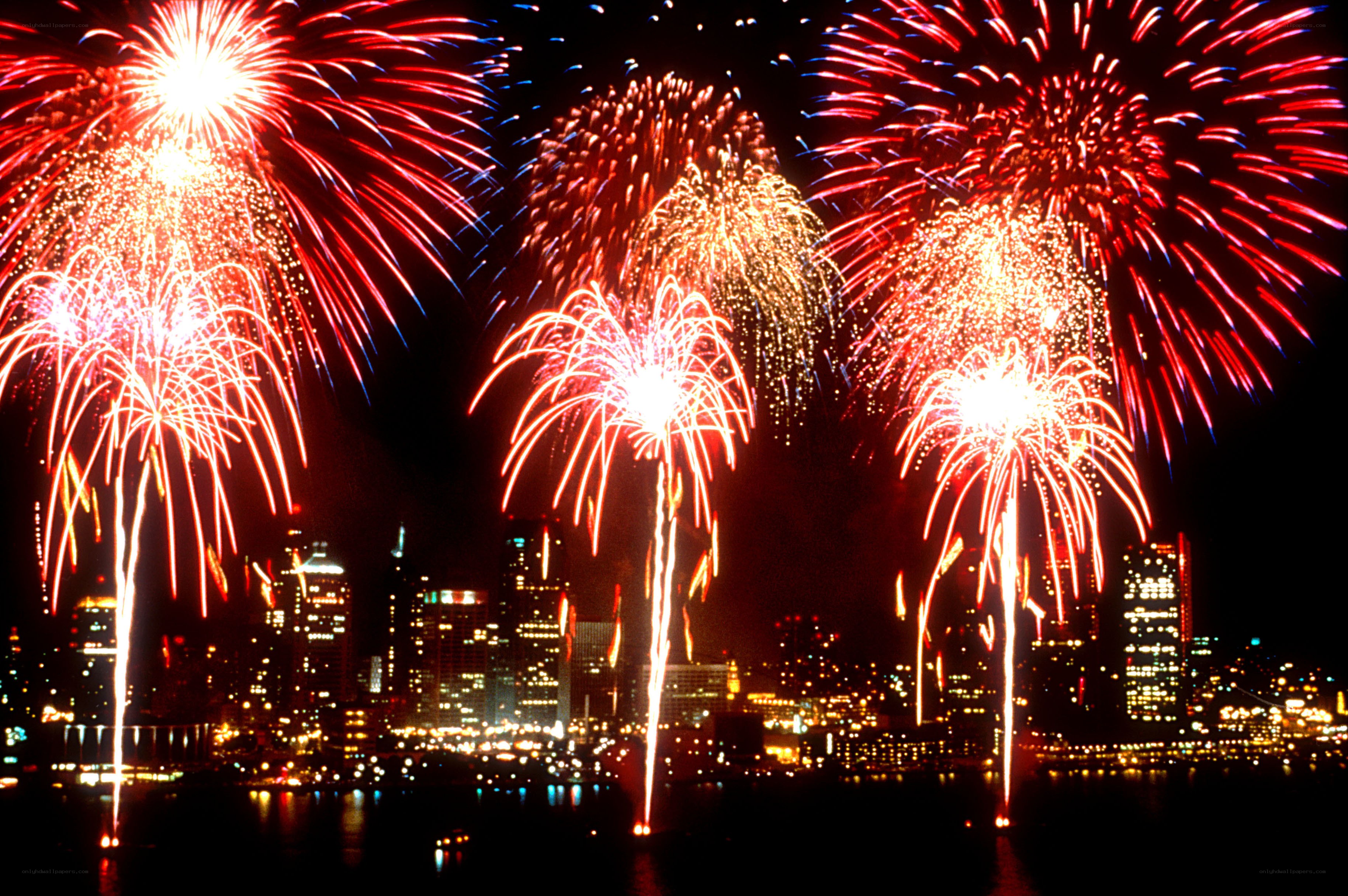 Fireworks over city skyline