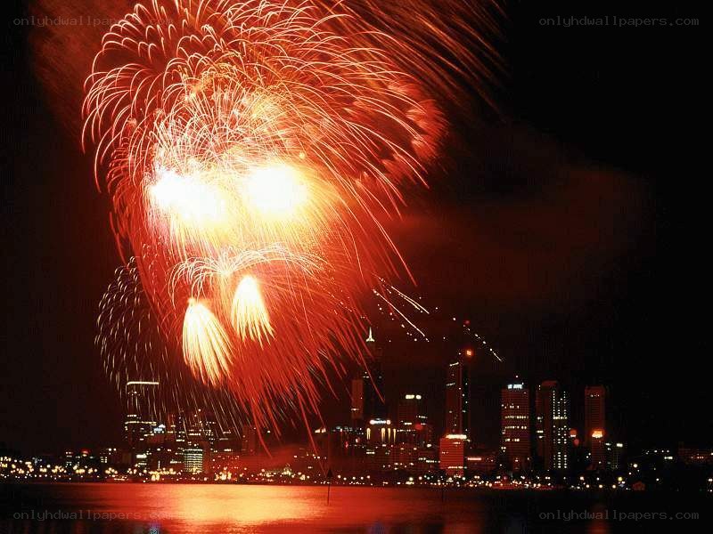Fireworks over city skyline
