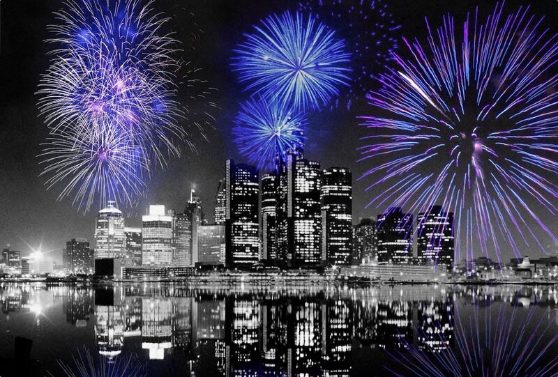 Fireworks over city skyline