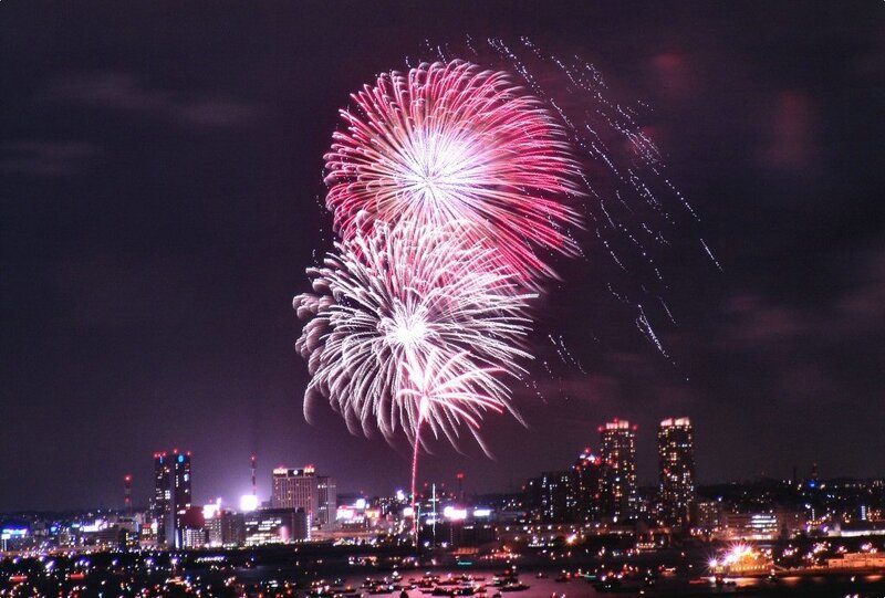 Fireworks over city skyline