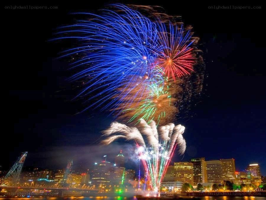 Fireworks over city skyline