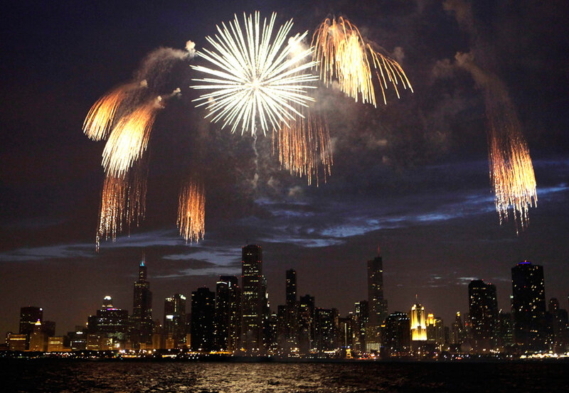Fireworks over city skyline