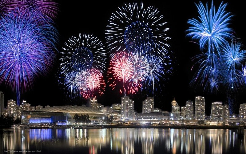 Fireworks over city skyline