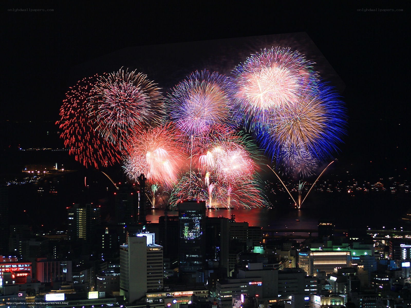 Fireworks over city skyline