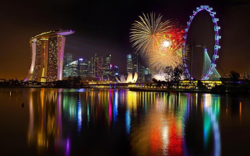Fireworks over City Skyline — Black, Celebratory