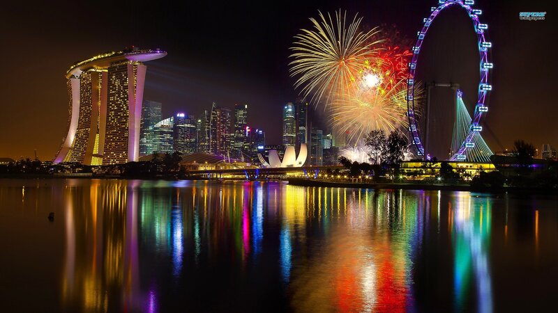 Fireworks over City Skyline — Black, Festive, Night