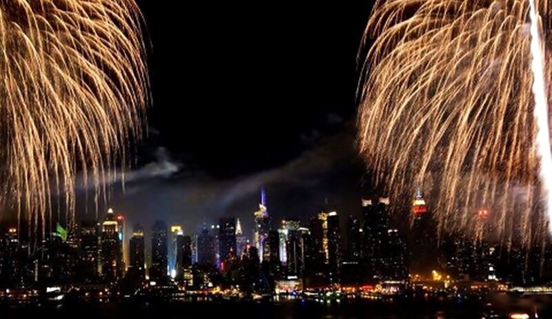 Fireworks over City Skyline — Black