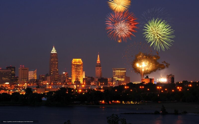 Fireworks over City Skyline — Blue, Celebratory, Night, Photograph, Buildings