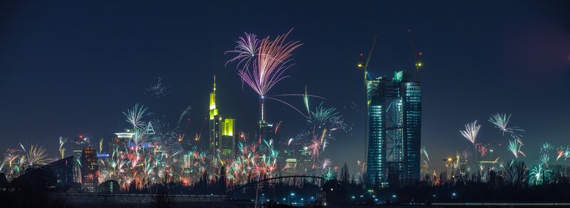 Fireworks over City Skyline — Blue, Celebratory, Night, Photograph, Skyscrapers