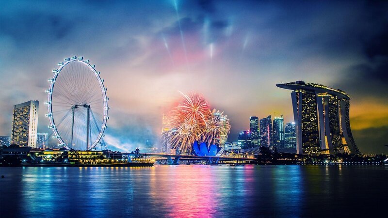 Fireworks over City Skyline — Blue, Dramatic, Night, Photograph