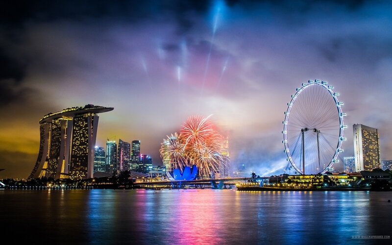 Fireworks over City Skyline — Blue, Dramatic, Night