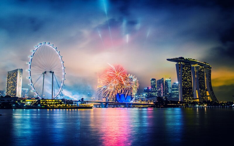Fireworks over City Skyline — Blue, Dramatic