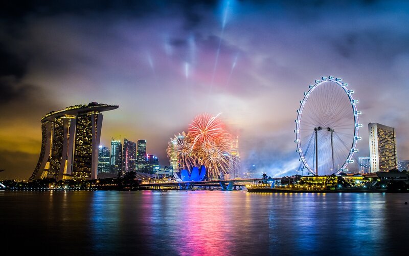 Fireworks over City Skyline — Blue, Festive