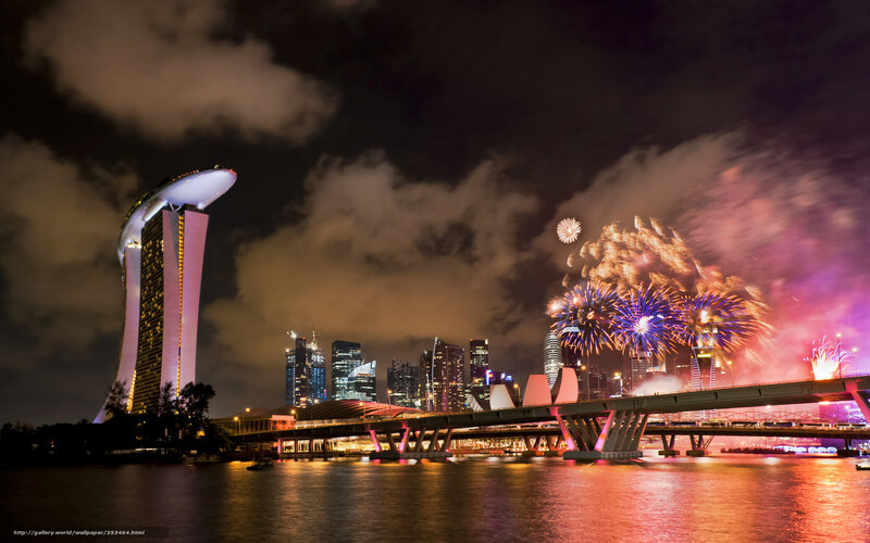 Fireworks over City Skyline — Purple, Festive, Night