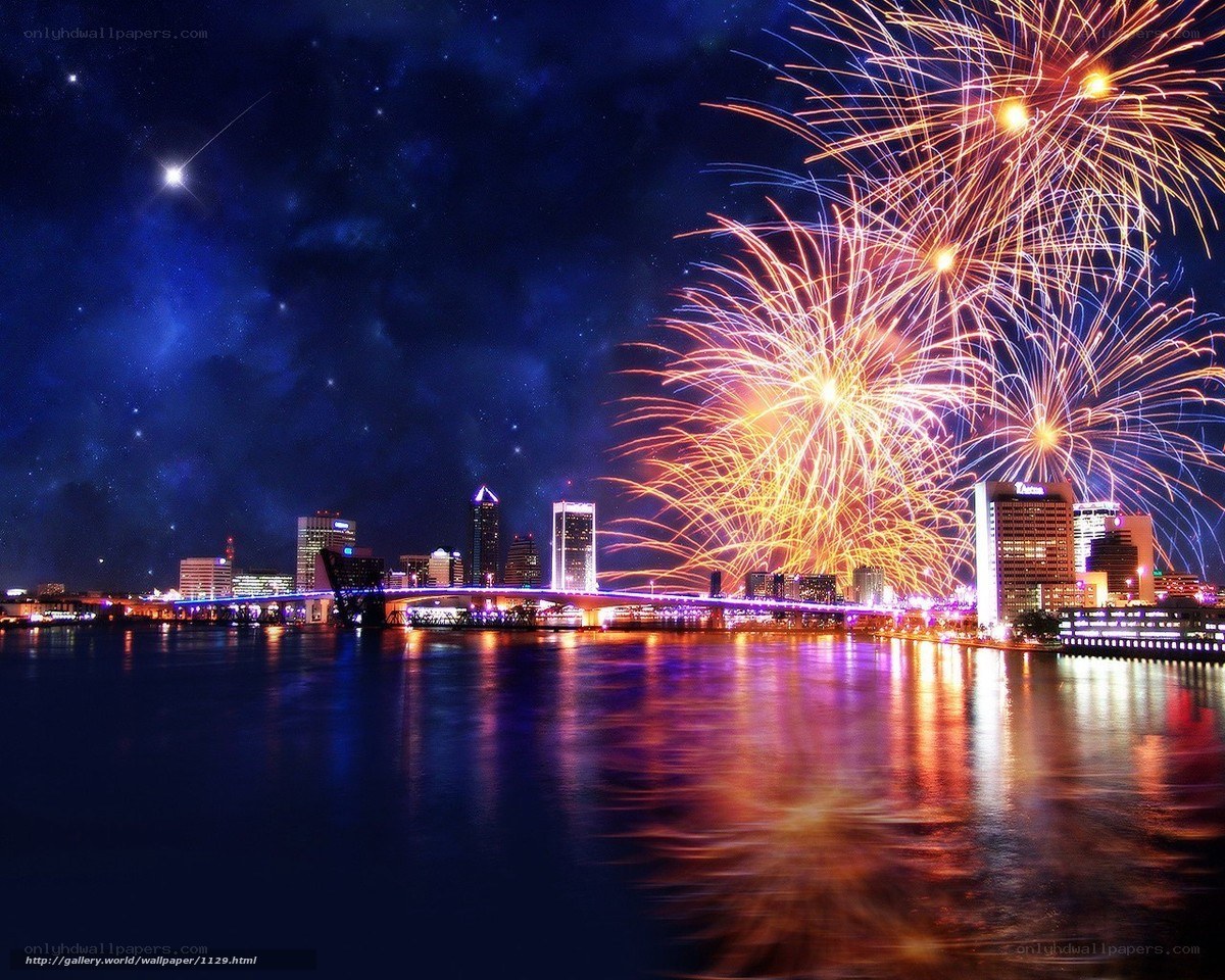 Fireworks over city skyline