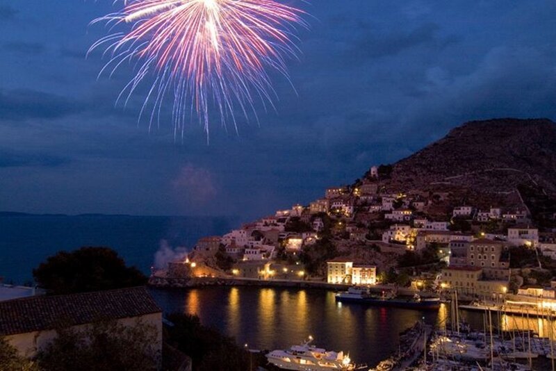 Fireworks over Coastal Town — Blue