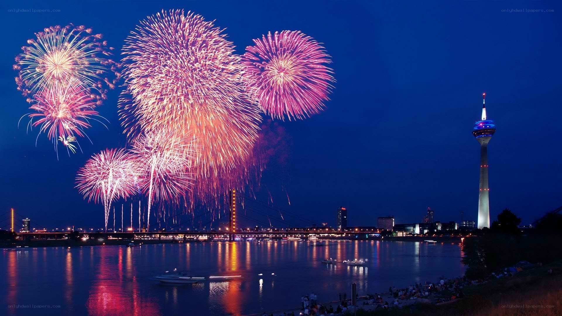 Fireworks over Cologne skyline