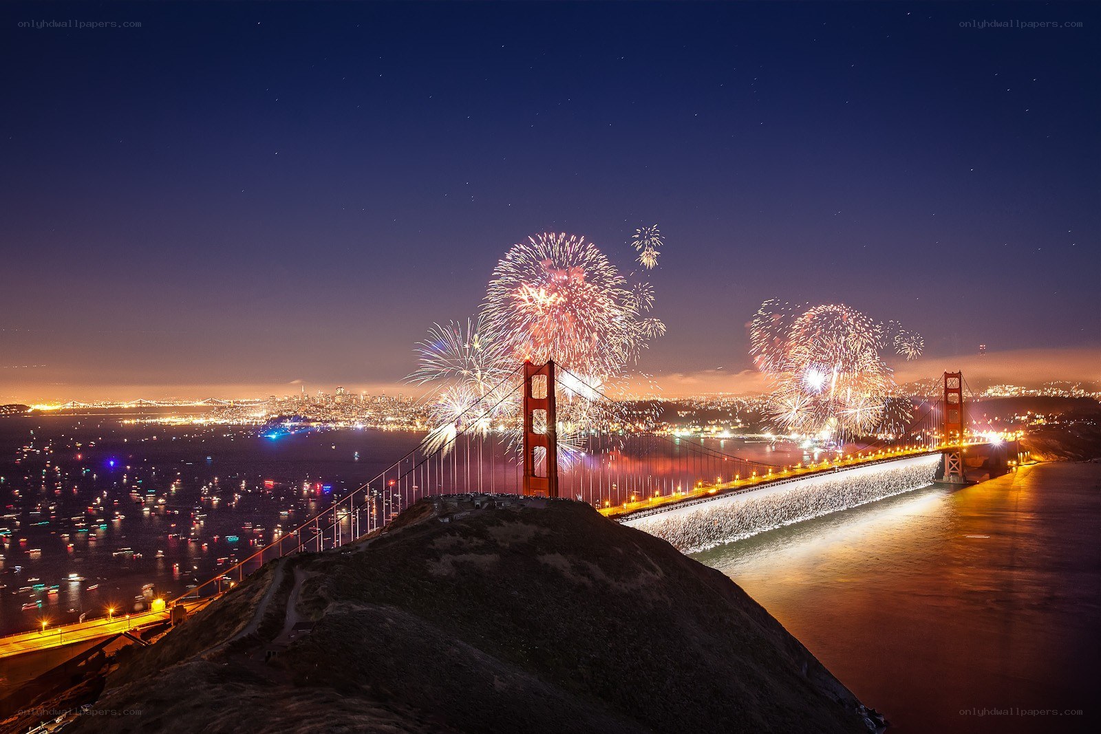 Fireworks over Golden Gate Bridge