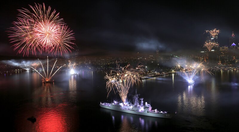 Fireworks over Harbor — Black, Celebratory, Night
