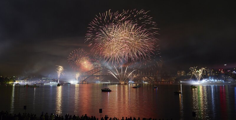 Fireworks over Harbor — Black, Festive, Night, Photograph, Bridge