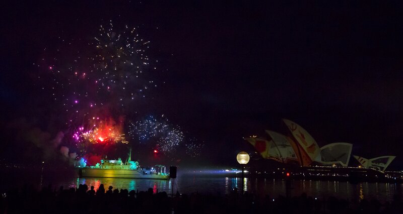 Fireworks over Harbor — Black, Festive, Night, Photograph, Ship