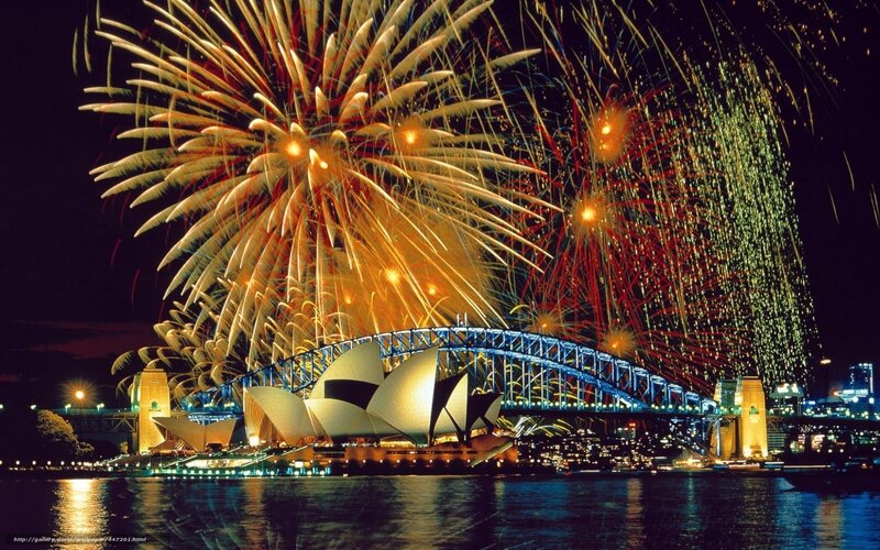 Fireworks over Harbor — Black, Festive, Night, Photograph, Sydney Opera House