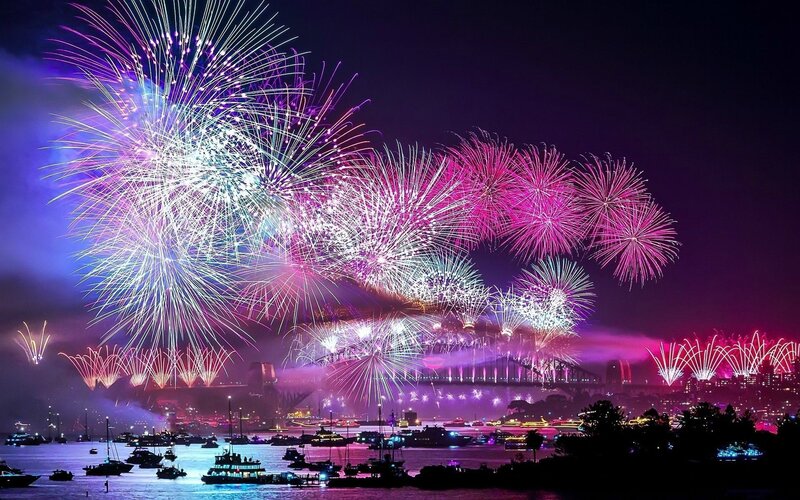 Fireworks over Harbor — Purple, Festive, Night, Photograph, Bridge, Boats