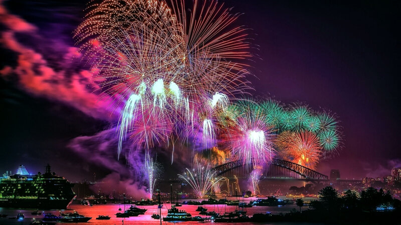 Fireworks over Harbor — Purple, Festive, Night, Photograph, Bridge, Cruise Ship